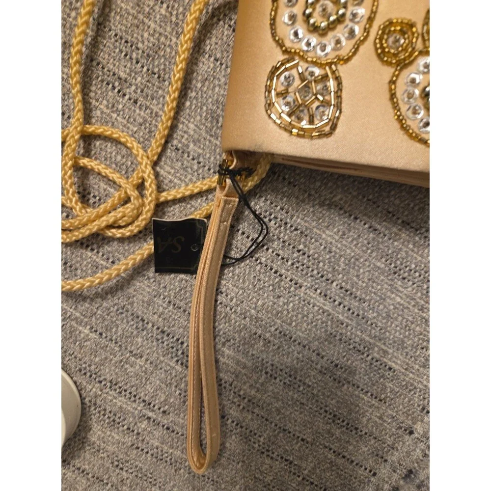 Yellow Satin Evening Clutch Wristlet Beaded Sequin Gold Hardware Formal Bag